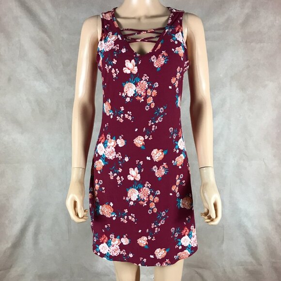 Ultra Flirt Juniors Criss-cross Burgundy Floral Soft Dress NWT Large - Picture 1 of 4
